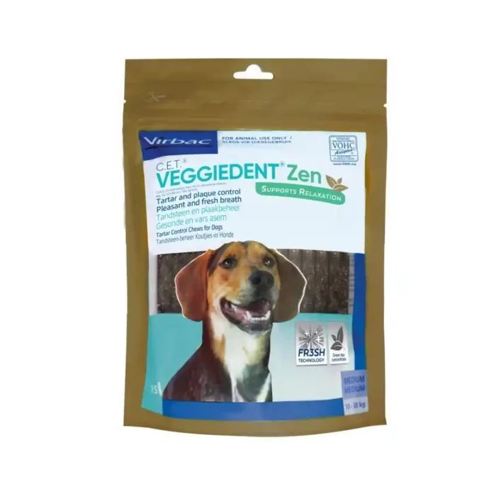 Veggiedent CET Zen Chews Medium 15 green dental chews for dogs supporting oral care and calm behaviour