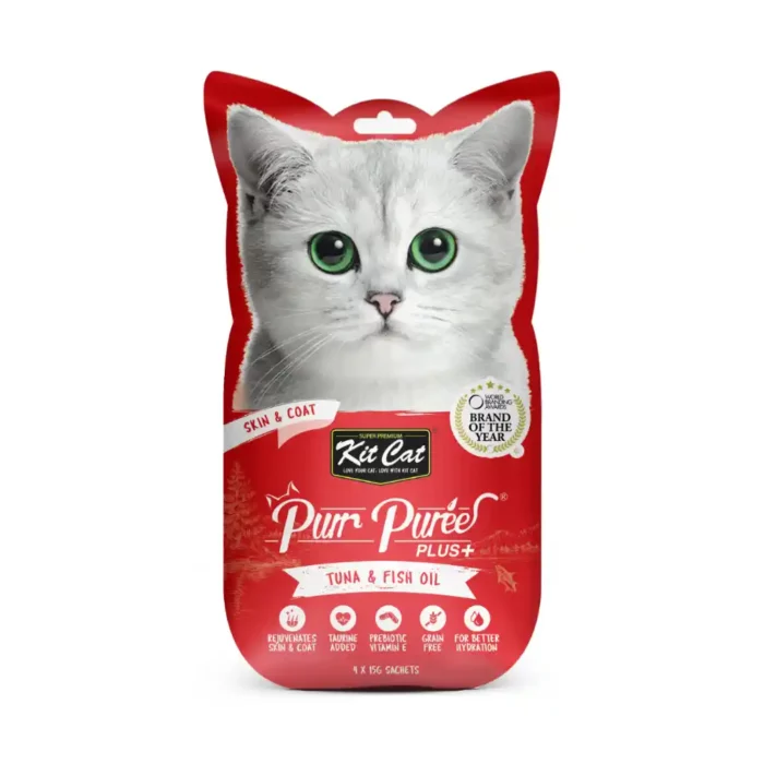 Kit Cat Purr Puree Plus Tuna Fish Oil Skin Coat creamy cat treat sachet